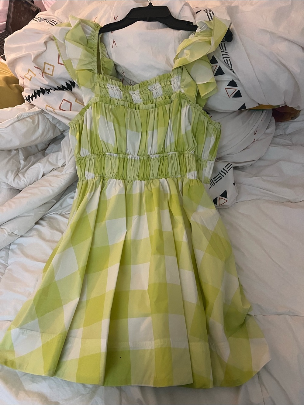 Anthropologie Lime and White Gingham Ruffle-Shoulder Dress